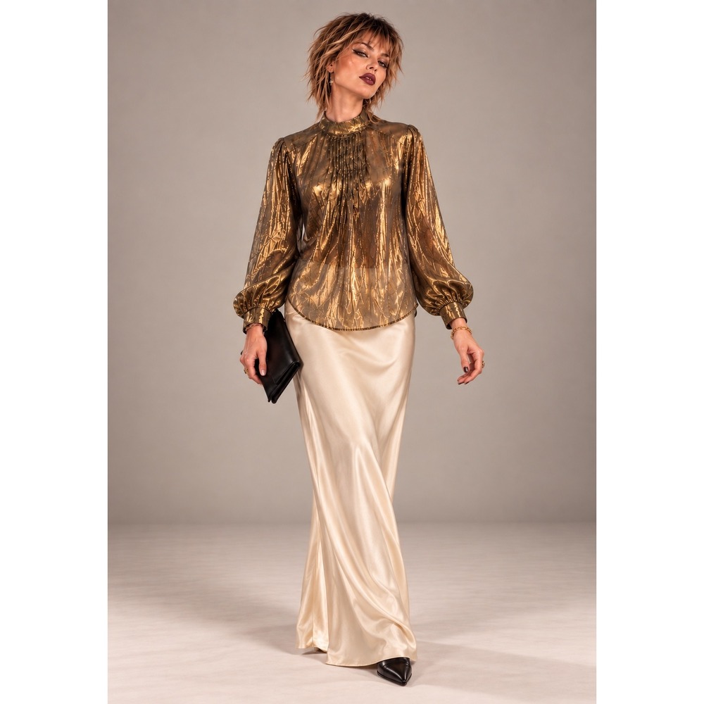 Vertigo Paris M Gold Metallic Silk Blouse Mock Neck
